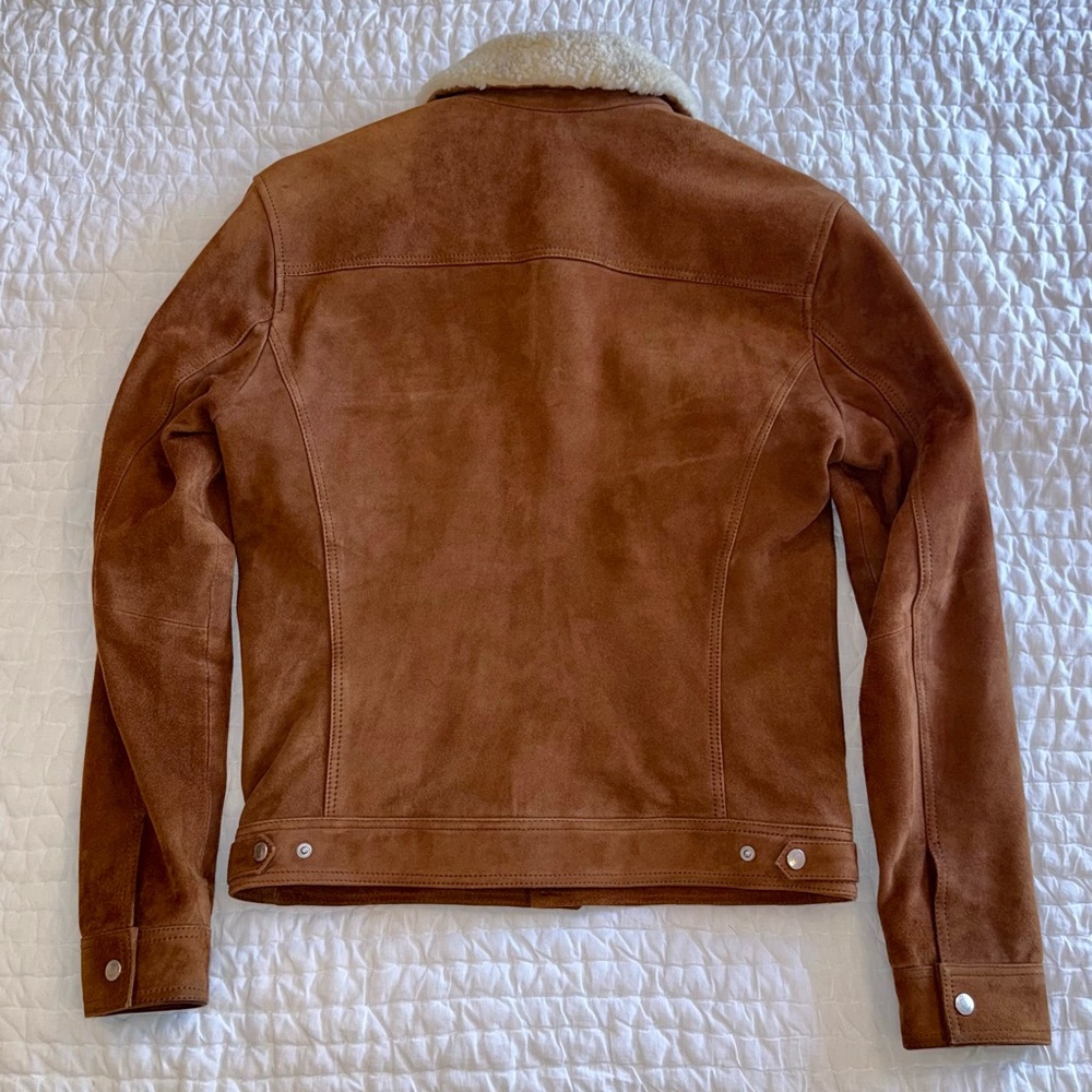 REISS Tobacco Brown Suede Leather Trucker Jacket Shearing Collar Extra Small XS - Picture 7 of 14